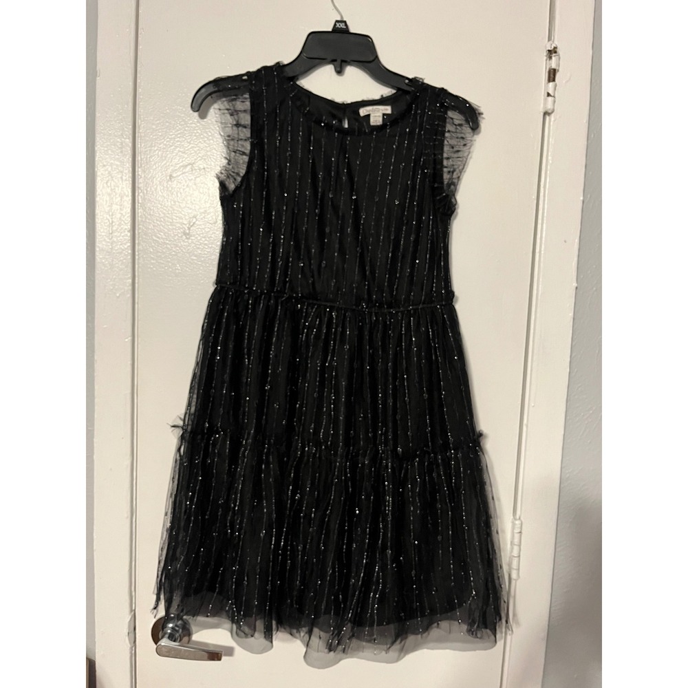 Charlotte by Cato Girls Black Silver Metallic Stripe Tiered Mesh‎ Dress L 14-16